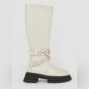 Leather Studded Statement Cream Knee-High Boots